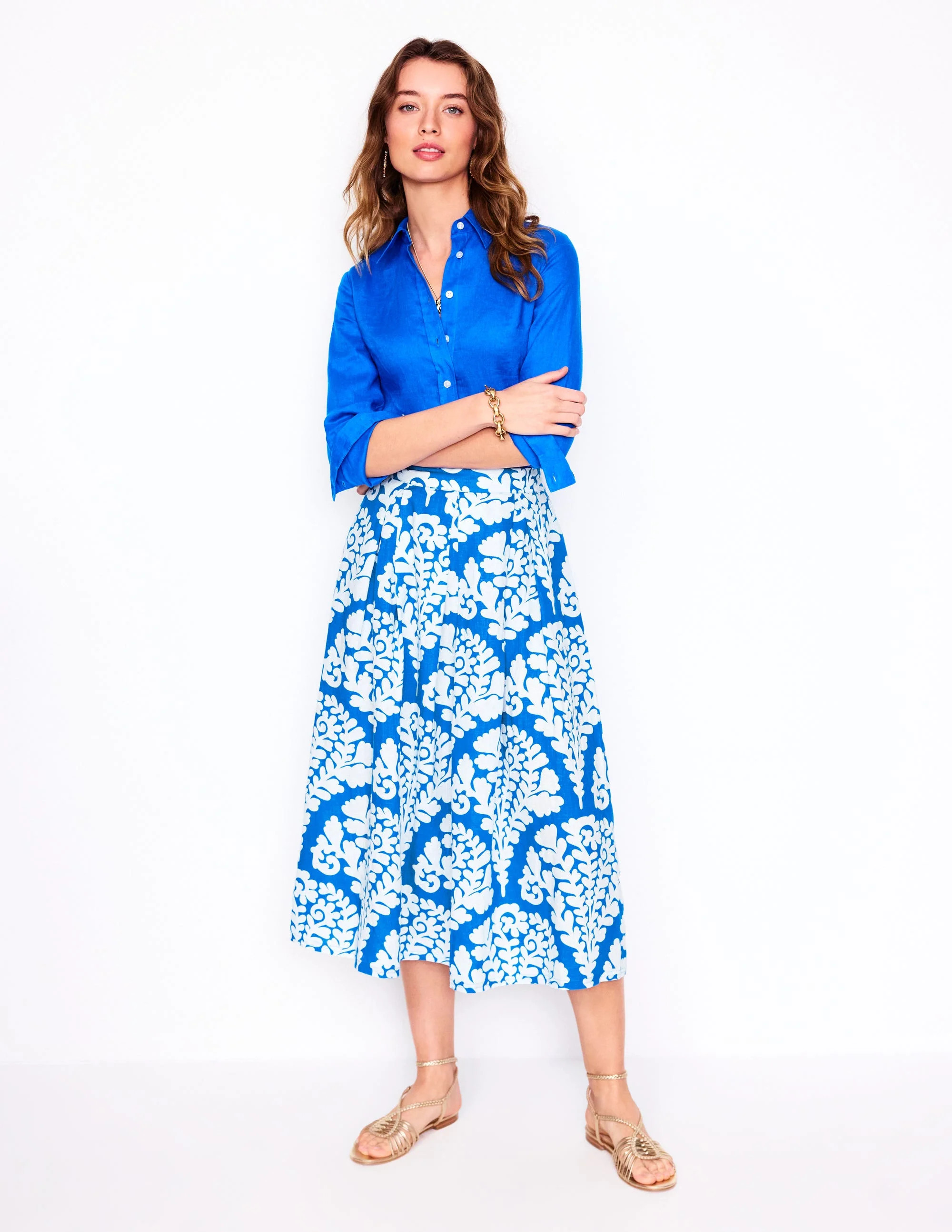 Verity Linen Midi Skirt-Cerulean Blue, Blossomy | Boden (US)