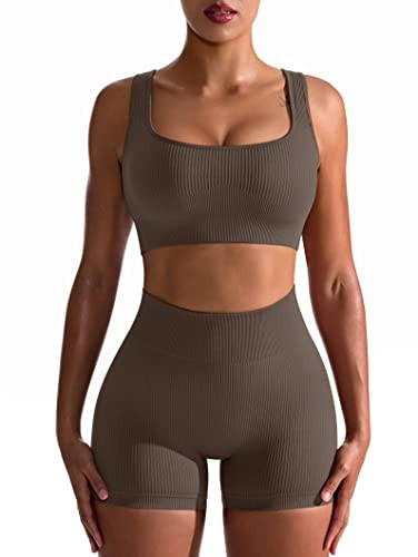OQQ Workout Outfits for Women 2 Piece Seamless Ribbed High Waist Leggings with Sports Bra Exercise Set Tealeaf | Amazon (US)