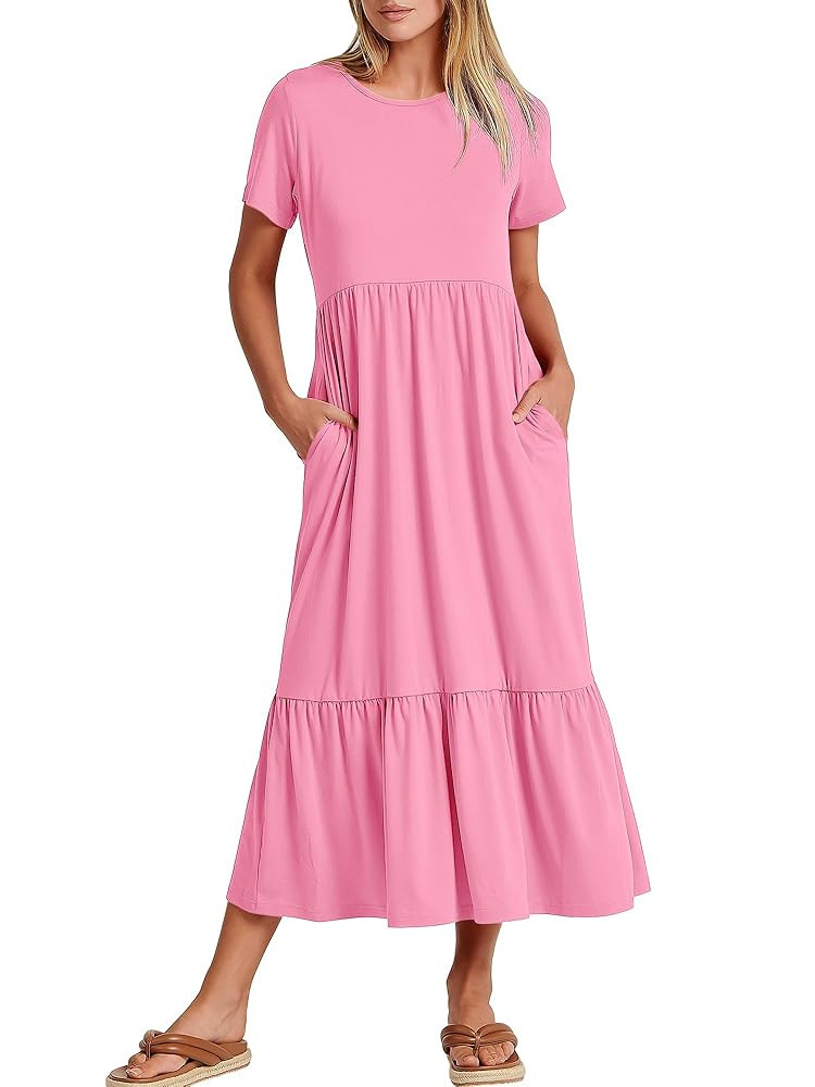 ANRABESS Womens 2025 Summer Casual Maxi Dress A line Tiered Flowy Short Sleeve Crewneck T Shirt B... | Amazon (US)