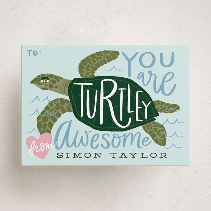 "Turtley Awesome" - Customizable Classroom Valentine's Cards in Blue by Alethea and Ruth. | Minted