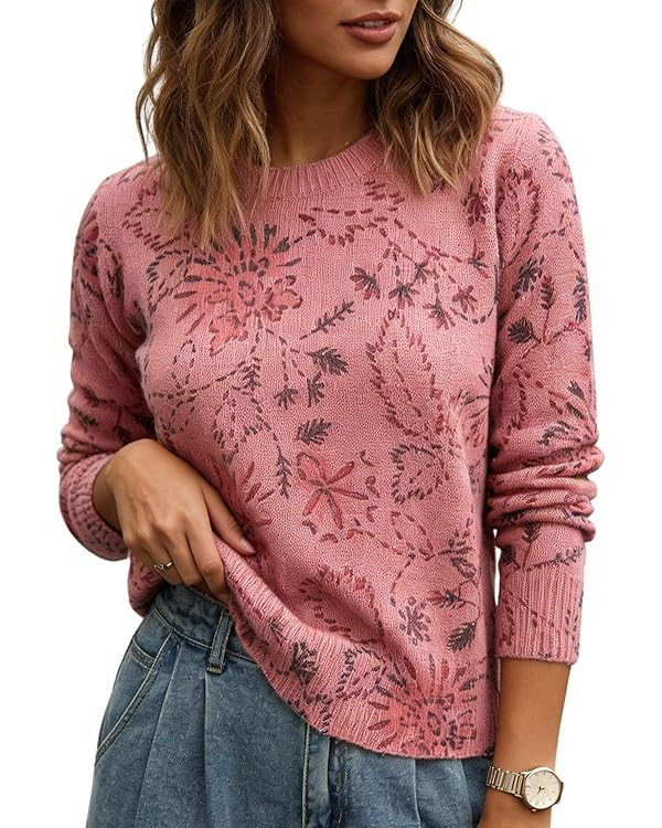 Women's Floral Print Sweater Crew Neck Long Sleeve Soft Knit Pullover Tops for 2026 Spring Casual Wear | Amazon (US)