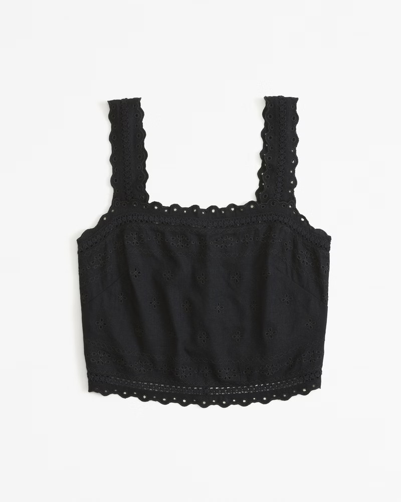 Abercrombie & Fitch Women's Linen-Blend Tie-Back Embroidered Set Top in Black - Size XS | Abercrombie & Fitch (US)