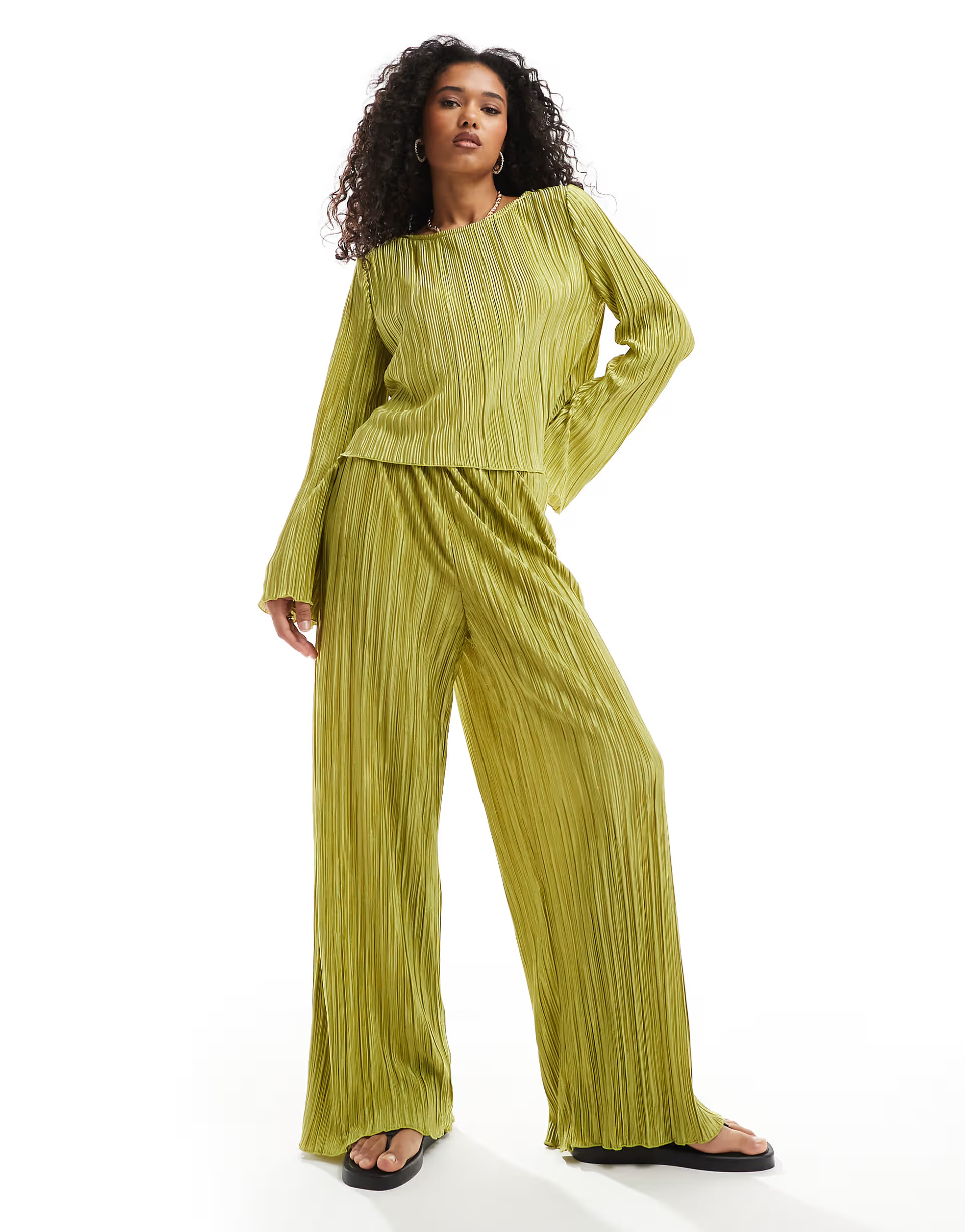 Pieces plisse flared sleeve top and wide leg trouser co-ord in green | ASOS (Global)
