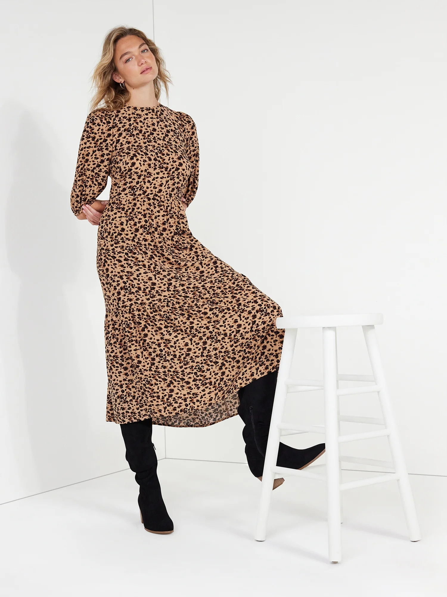 Time and Tru Women's Tie-Back Midi Dress with Elbow Length Sleeves, Sizes XS-XXXL | Walmart (US)
