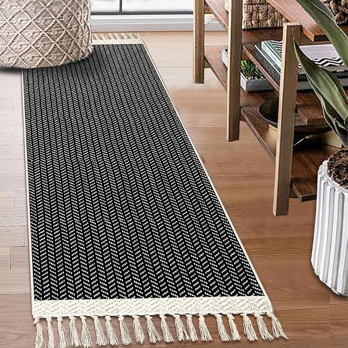 Boho Kitchen Runner Rug 2'x6' Black Cotton Woven Washable Hallway Long Rug Runner with Tassels,Re... | Amazon (US)