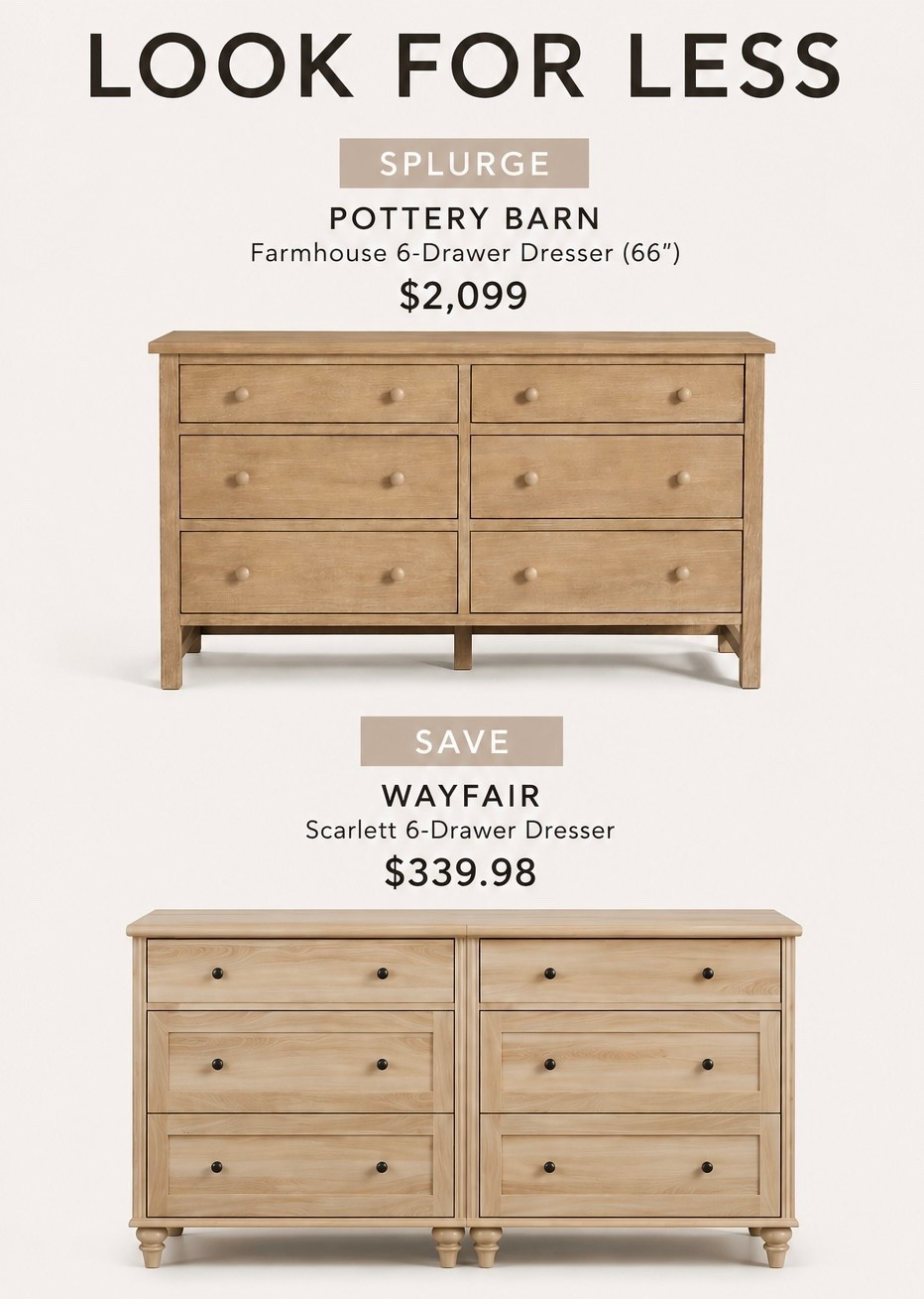 Look for Less Pottery Barn Dresser Dupe

Pottery Barn look for less without the $2,000 price tag. This Wayfair dresser gives you the same warm oak tone and classic farmhouse feel for a fraction of the cost. Clean lines, timeless style, and such a good find. Linked both so you can compare.

#LTKHome #LTKSaleAlert