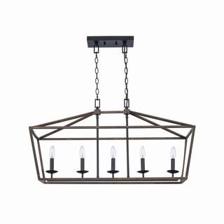Home Decorators Collection Weyburn 36 in. 5-Light Black and Faux Wood Farmhouse Linear Chandelier... | The Home Depot