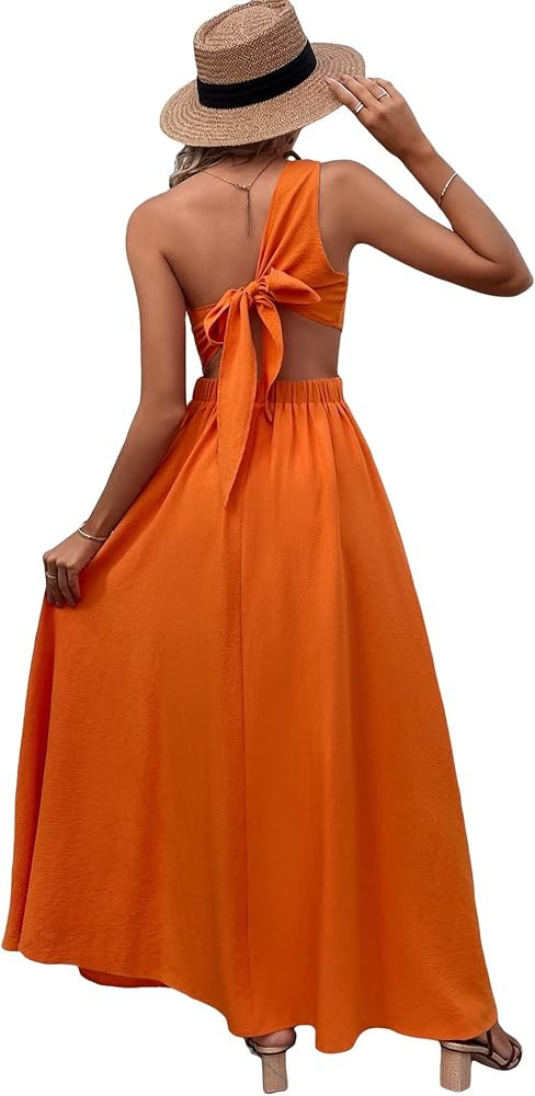 MakeMeChic Women's One Shoulder Sleeveless Cut Out Tie Back A Line Split Long Maxi Dress | Amazon (US)