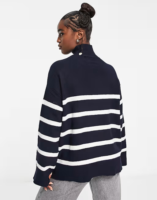 Pieces high neck sweater with wide sleeve in navy stripe | ASOS (Global)