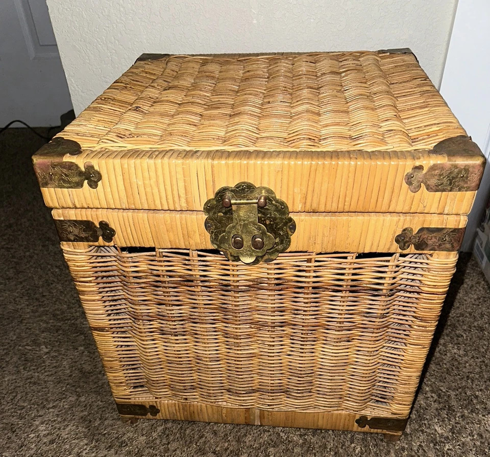 VINTAGE WICKER BRASS RATTAN CHINOISERIE STYLE TRUNK CHEST  16” CUBE BOHO | eBay US