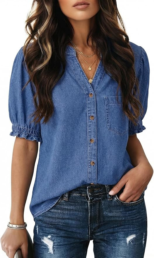 Dokotoo Women Denim Shirt Button Down Casual Short Sleeve V Neck Blouse Summer Tops | Amazon (US)
