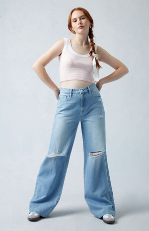 PacSun Eco Light Indigo Ripped Mid Rise Baggy Jeans | PacSun