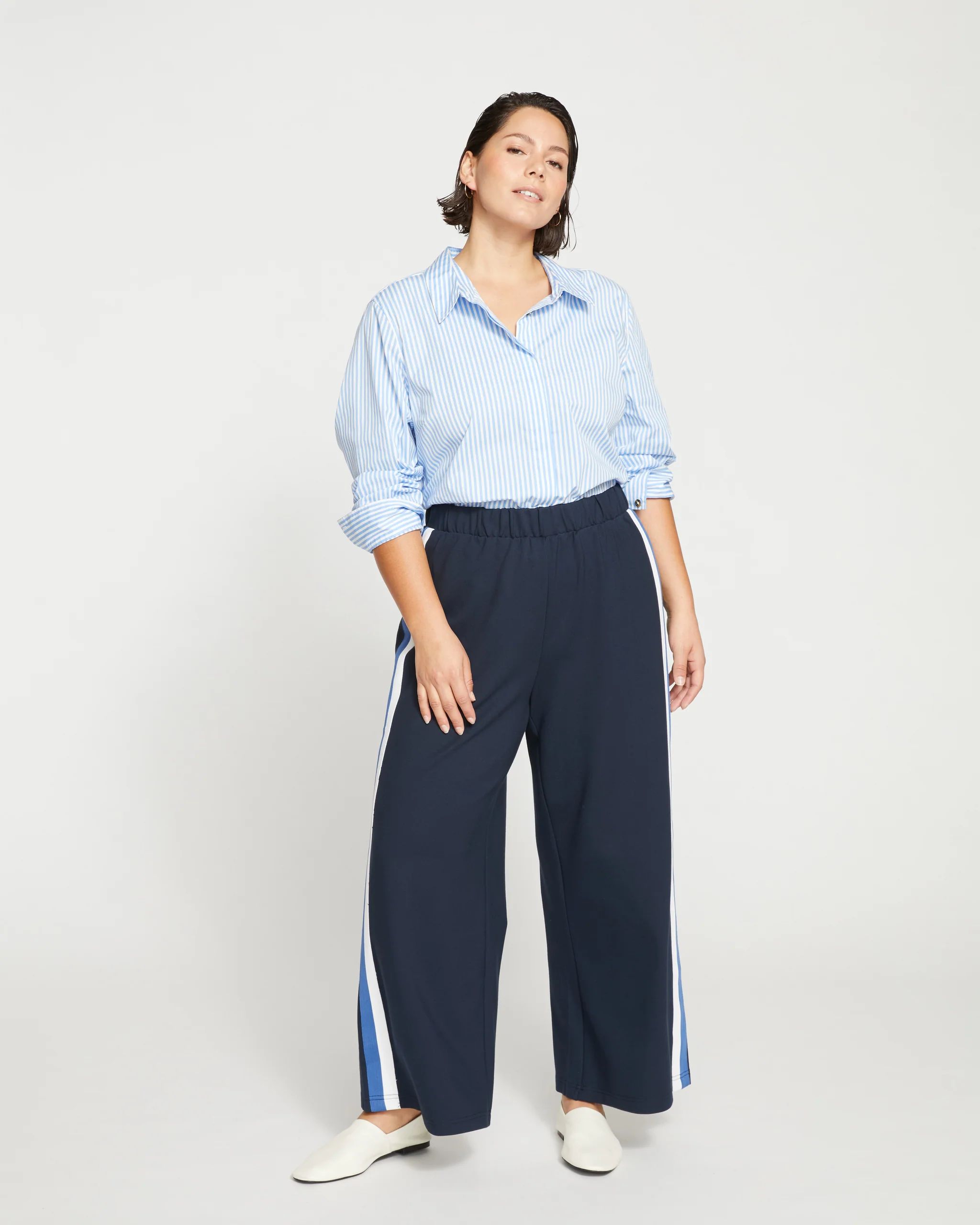Stephanie Wide Leg Stripe Ponte Pants 27 Inch
   Navy with Blue/White Stripe | Universal Standard