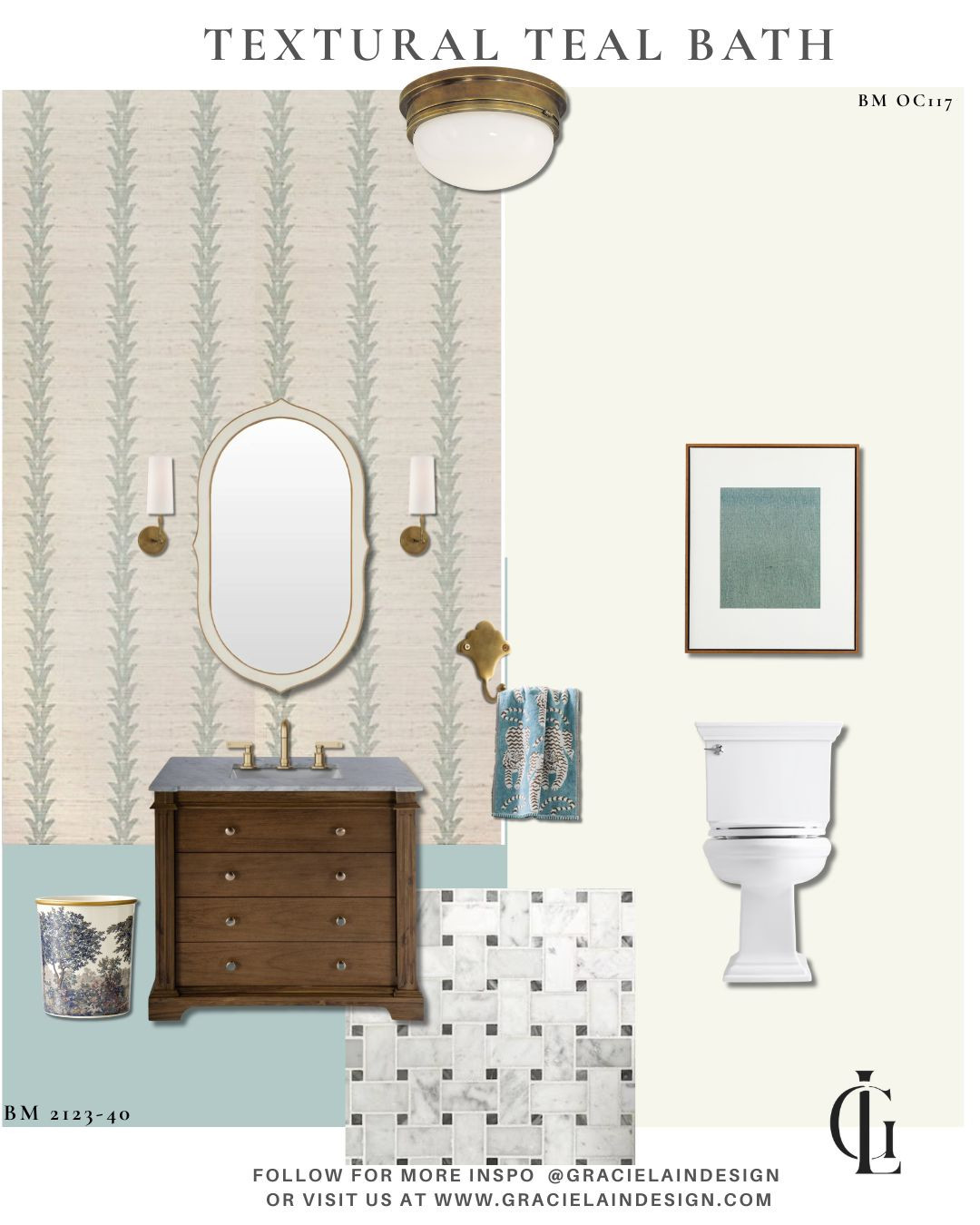 A little room with a beautiful story. ✨
Botanical grass cloth brings organic texture and quiet movement, while soft teal accents add just the right touch of color. Warm brass lighting casts an inviting glow across beautiful marble, a stunning shagreen mirror, and the sweetest toile waste basket—each detail thoughtfully chosen to make the space feel collected, sophisticated, and effortlessly elegant.

Neutral and warm, layered in texture, and filled with those little unexpected details that make a room feel personal. Because even the smallest spaces deserve to be beautifully considered.

Discover more of our design story at gracielaindesign.com.

#GracieLainDesign #InteriorDesign #PowderRoom #PowderRoomDesign #ElegantInteriors #SophisticatedInteriors #InteriorStyling #TexturalInteriors #Grasscloth #GrassclothWallpaper #Shagreen #MarbleInteriors #BrassLighting #TealInteriors #TraditionalInteriors #TimelessDesign #WarmNeutrals #LuxuryInteriors #DetailsMatter #CollectedInteriors #InteriorInspiration 

 #LTKHome #LTKSaleAlert