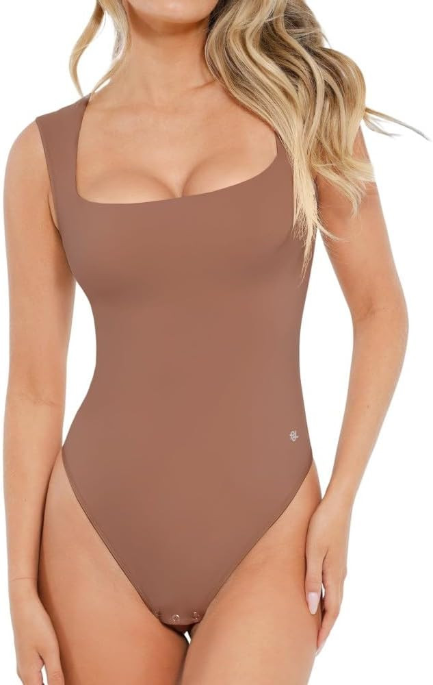 Popilush Bodysuits for Women - Sleeveless Square Neck Thong Bodysuit Tummy Control Double Lined G... | Amazon (US)