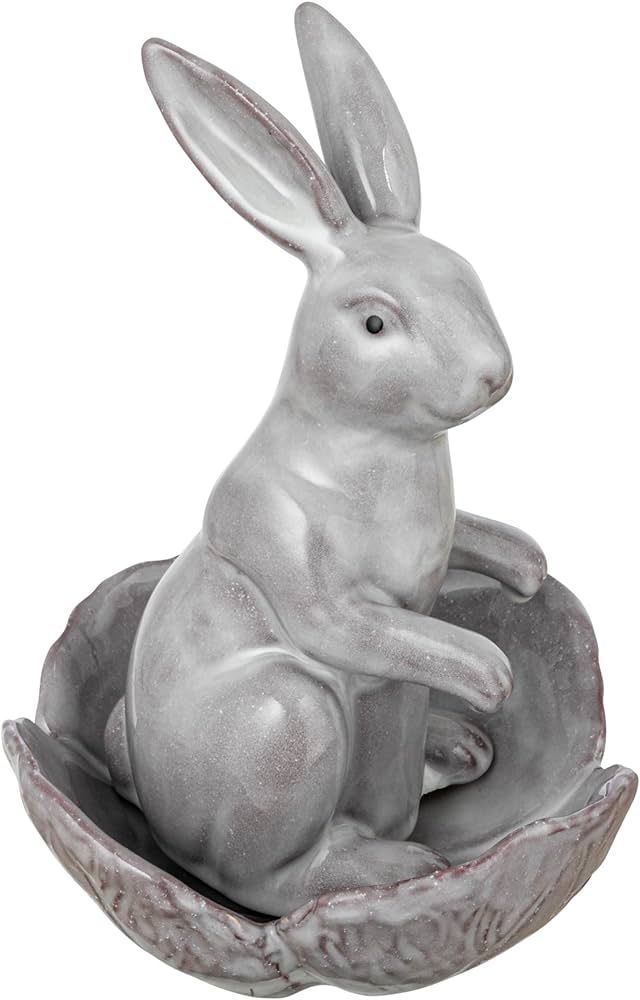 Creative Co-Op Stoneware Rabbit Figurine with Flower Shaped Bowl, White Décor | Amazon (US)