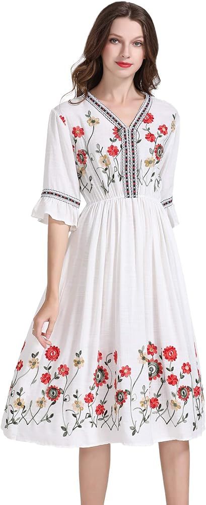 Shineflow Women's Short Sleeve Mexican Embroidered Floral Pleated Midi A-line Cocktail Dress | Amazon (US)