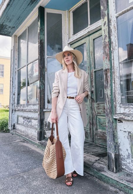 Neutral summer outfit with linen blazer, straw hat, white jeans, raffia tote bag

#LTKOver40 #LTKItBag #LTKFindsUnder100