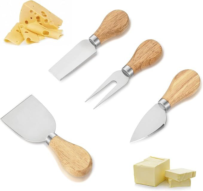 Cheese Knife Set 4 Piece Cheese Cutter Stainless Steel with Oak Wood Handles Premium Shaver, Fork... | Amazon (US)