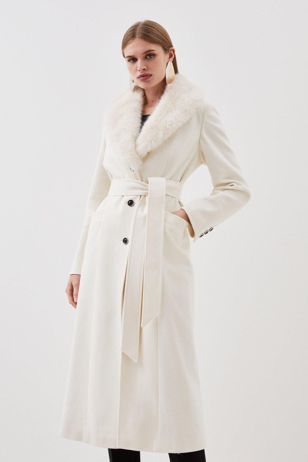 Italian Wool Blend Faux Fur Collar Belted Coat | Karen Millen UK + IE + DE + NL