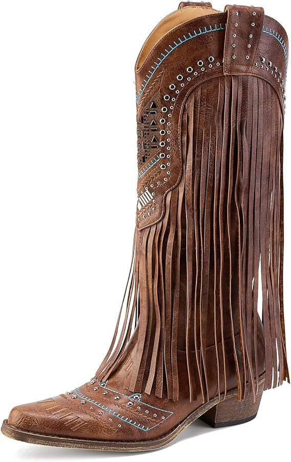 Fringe Cowboy Boots for Women Wide Calf Embroidered Tassal Cowgirl Boot Knee High Snip Toe Pull O... | Amazon (US)