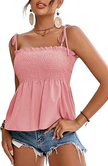 LYANER Women's Tie Shoulder Frill Shirred Ruffle Hem Sleeveless Strappy Cami Blouse Peplum Top | Amazon (US)