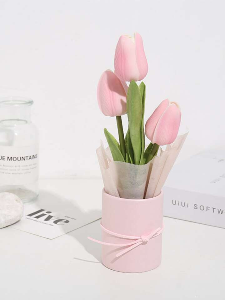 1 Set Of Artificial Tulip Bouquet Including Plastic Bucket And Wrapping Paper And 3 Tulips , New ... | SHEIN