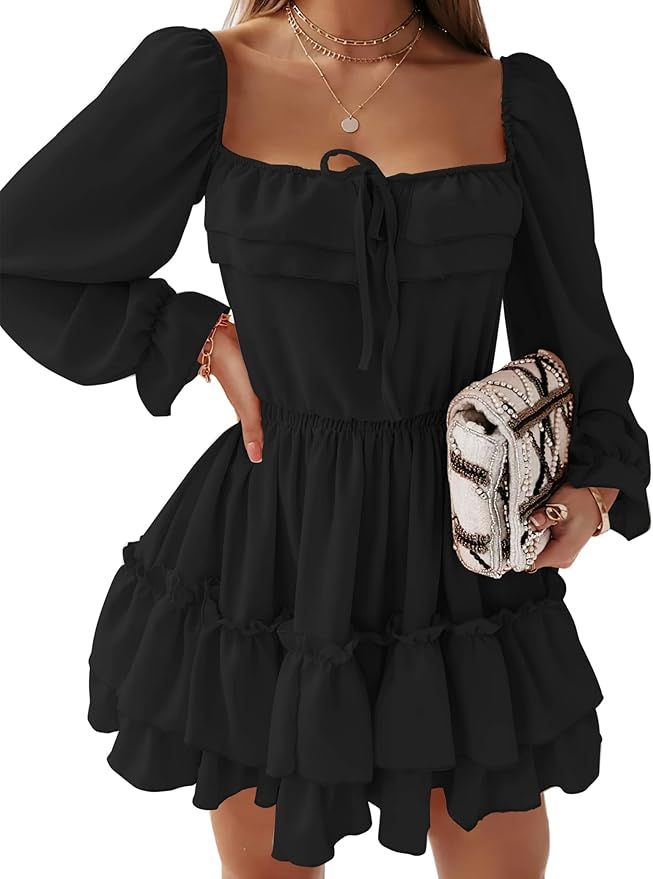 THANTH Womens Dress Square Neck Lantern Long Sleeve Ruffle A Line Casual Layered Swing Mini Dress... | Amazon (US)