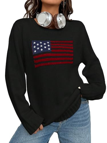 SweatyRocks Women's Flag Pattern Long Sleeve Round Neck Sweater Casual Loose Pullover Sweater | Amazon (US)