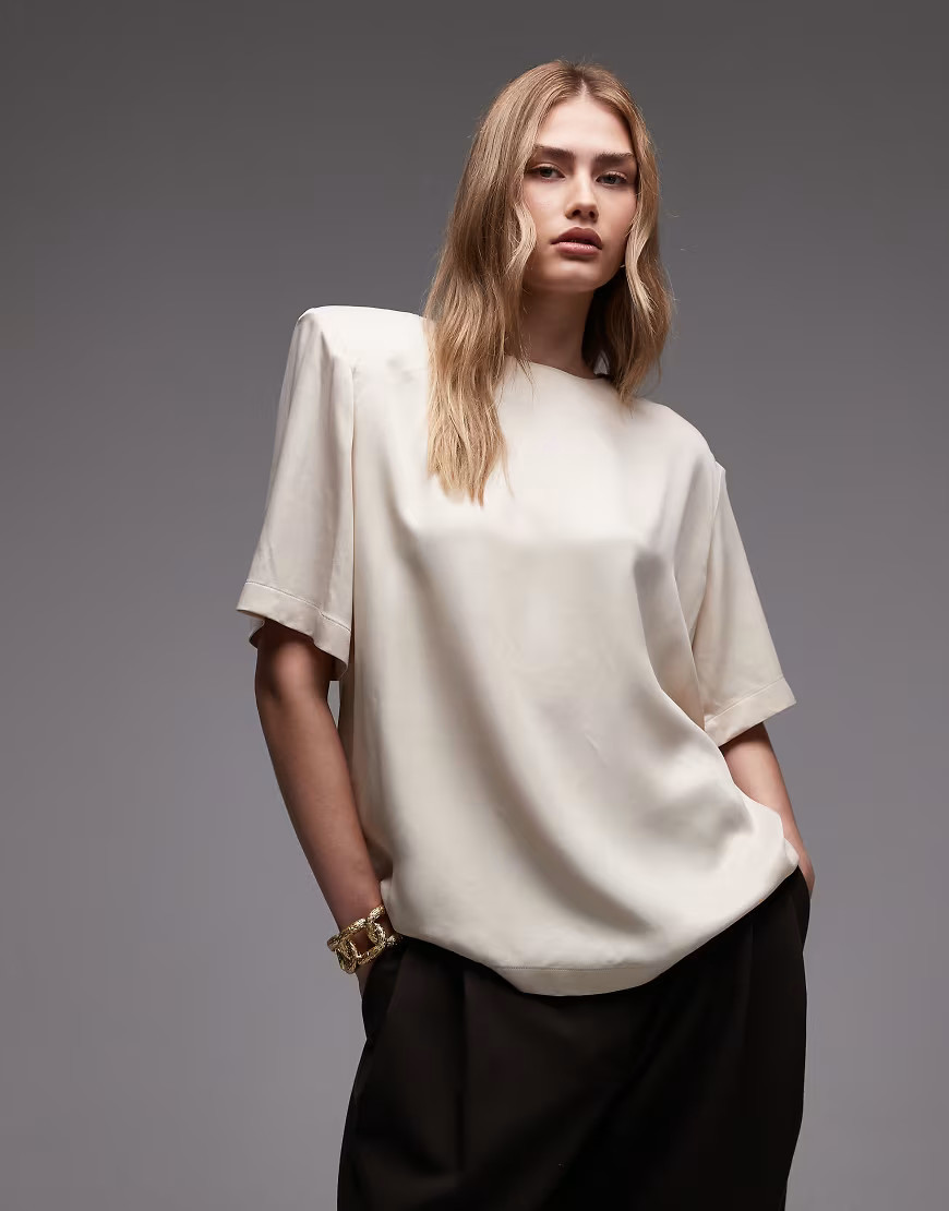 ASOS DESIGN satin shoulder pads t-shirt in ecru-White | ASOS (Global)