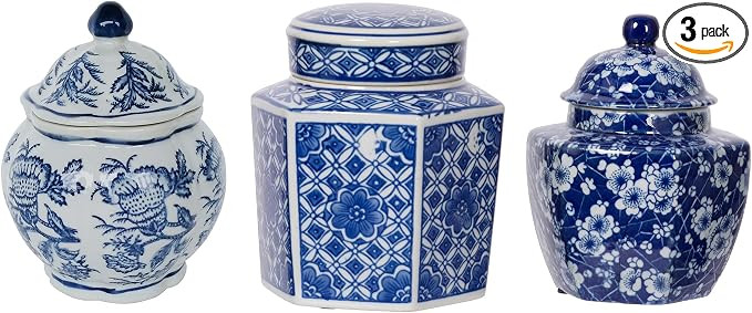 A&B Home 5" Decorative Porcelain Jars Set of 3 Glazed Hand Painted Blue White Ceramic Vase with L... | Amazon (US)