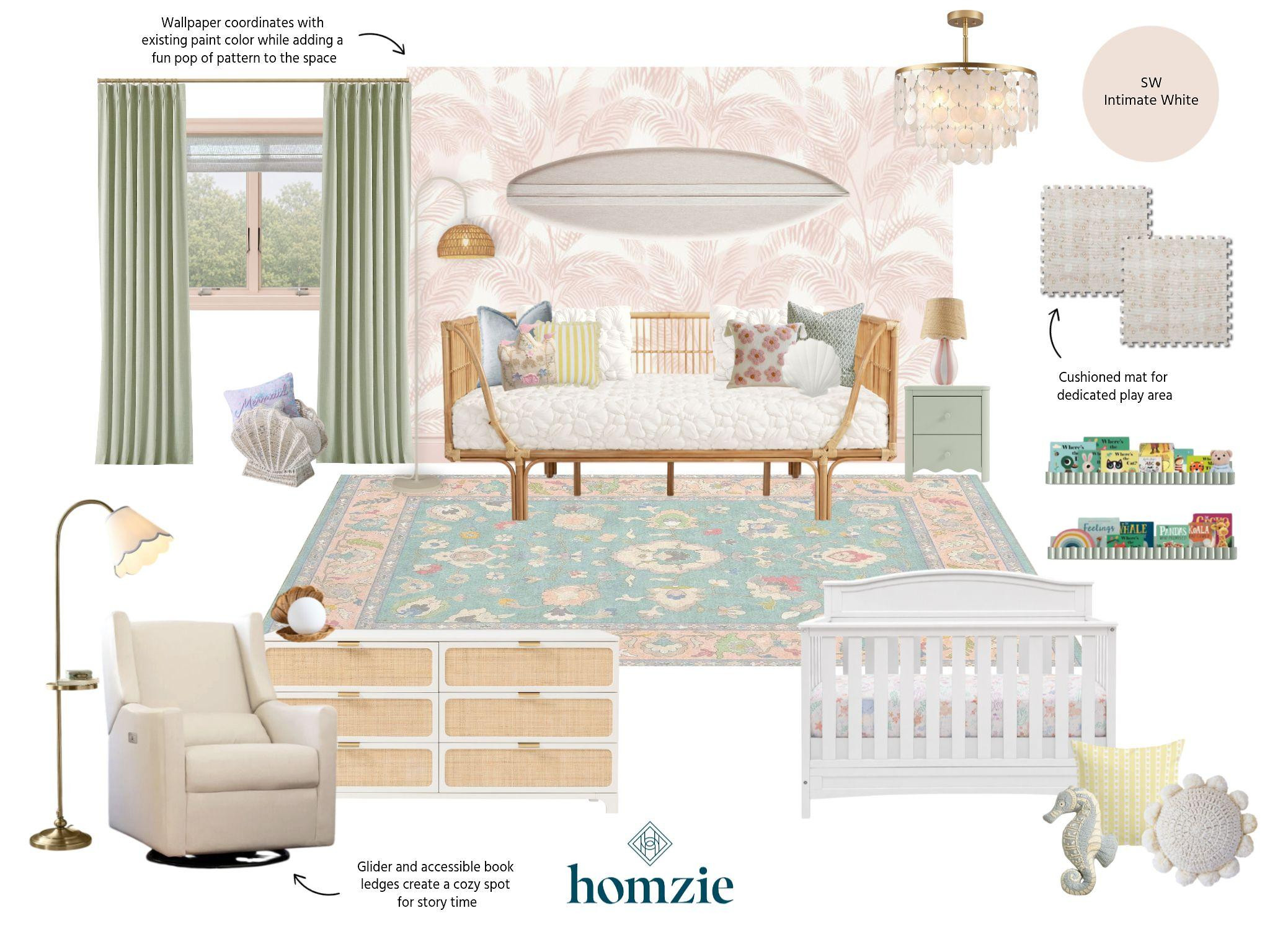 A room designed to grow right alongside them. 🌴🌸

This shared kids' room and nursery blends modern coastal style with playful personality. A pink palm leaf wallpaper accent wall, oversized surfboard pinboard, and cheerful pops of pink, yellow, and blue create a space that's full of imagination. Fun pillow combinations, a charming shell table lamp, and layered textures make the room feel bright, welcoming, and ready for every stage—from nursery days to big kid adventures.

#LTKHome #KidsRoom #NurseryDesign #ModernCoastal #CoastalKidsRoom #InteriorDesign #KidsDecor #HomeDecor #LTKCreator 

 