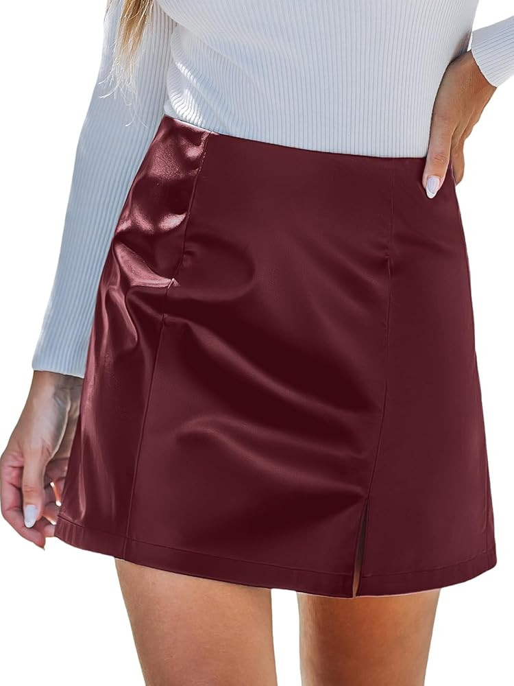 CUPSHE Skirts Women Faux Leather Mini Skirt Slit High Waist Bodycon Skort Wrap Notched Hem Casual... | Amazon (US)