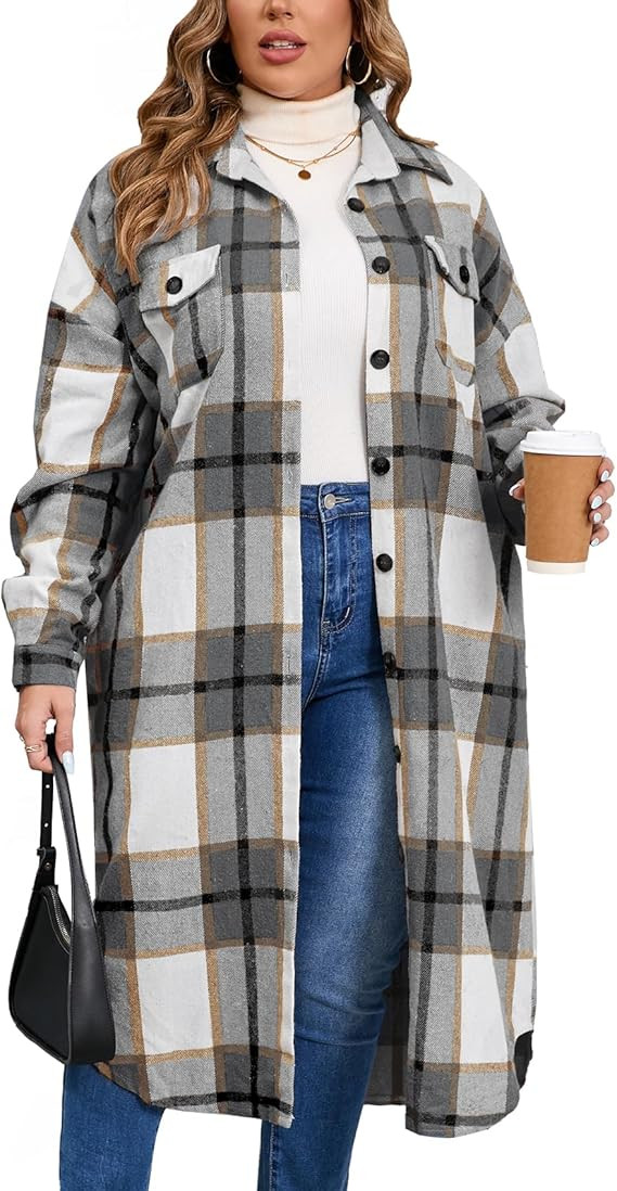 ZOMVA 2024 Women's 0X-5X Plus Size Long Flannel Plaid Shacket Jacket Oversized Button Down Coats ... | Amazon (US)