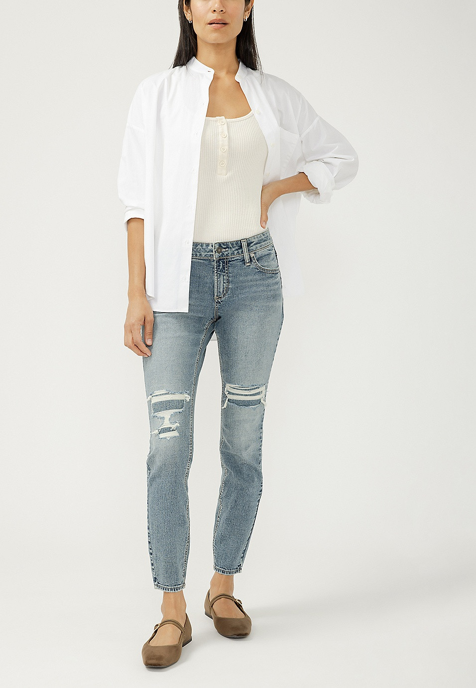Silver Jeans Co.® Elyse Backed Ripped Mid Rise Skinny Jean | Maurices