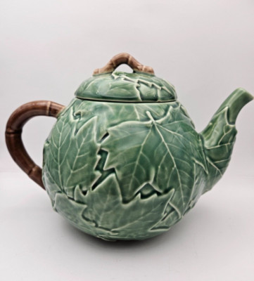 Bordallo Pinheiro Teapot Green Maple Leaf Brown Handle Made In Portugal Crazing  | eBay | eBay US