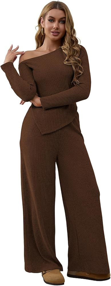 Mrskoala Women Two Piece Outfits Sets Lounge Off Shoulder Wide Leg Pant Tracksuit | Amazon (US)