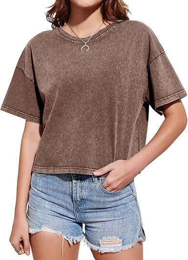 Cotton Loose Crop Tops for Women Acid Wash Cropped T Shirts Trendy Vintage Basic Tees Casual Shor... | Amazon (US)