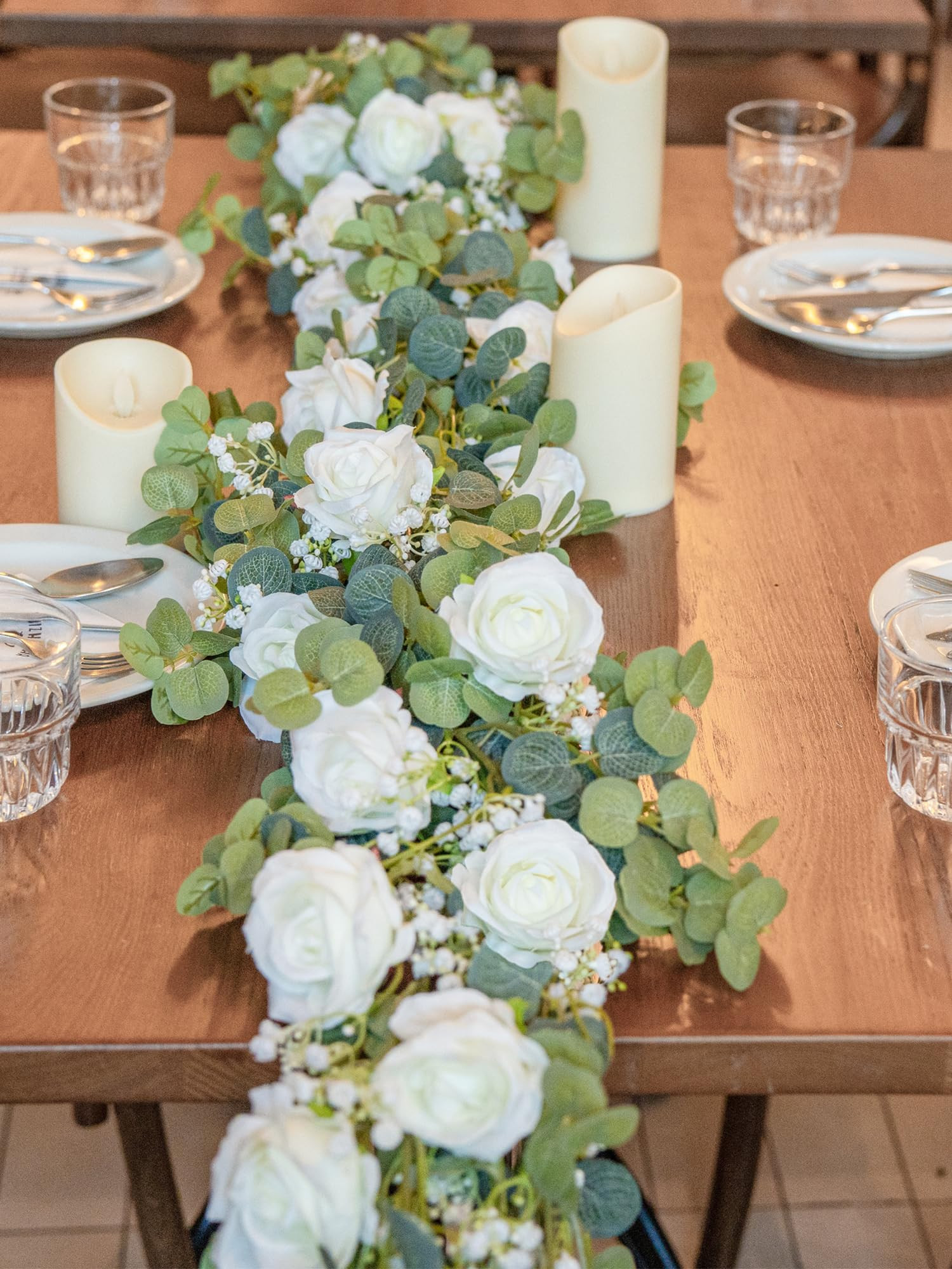 6FT Artificial Eucalyptus Garland with Flowers, 10 White Roses Baby Breath Garland Floral Greener... | Amazon (US)