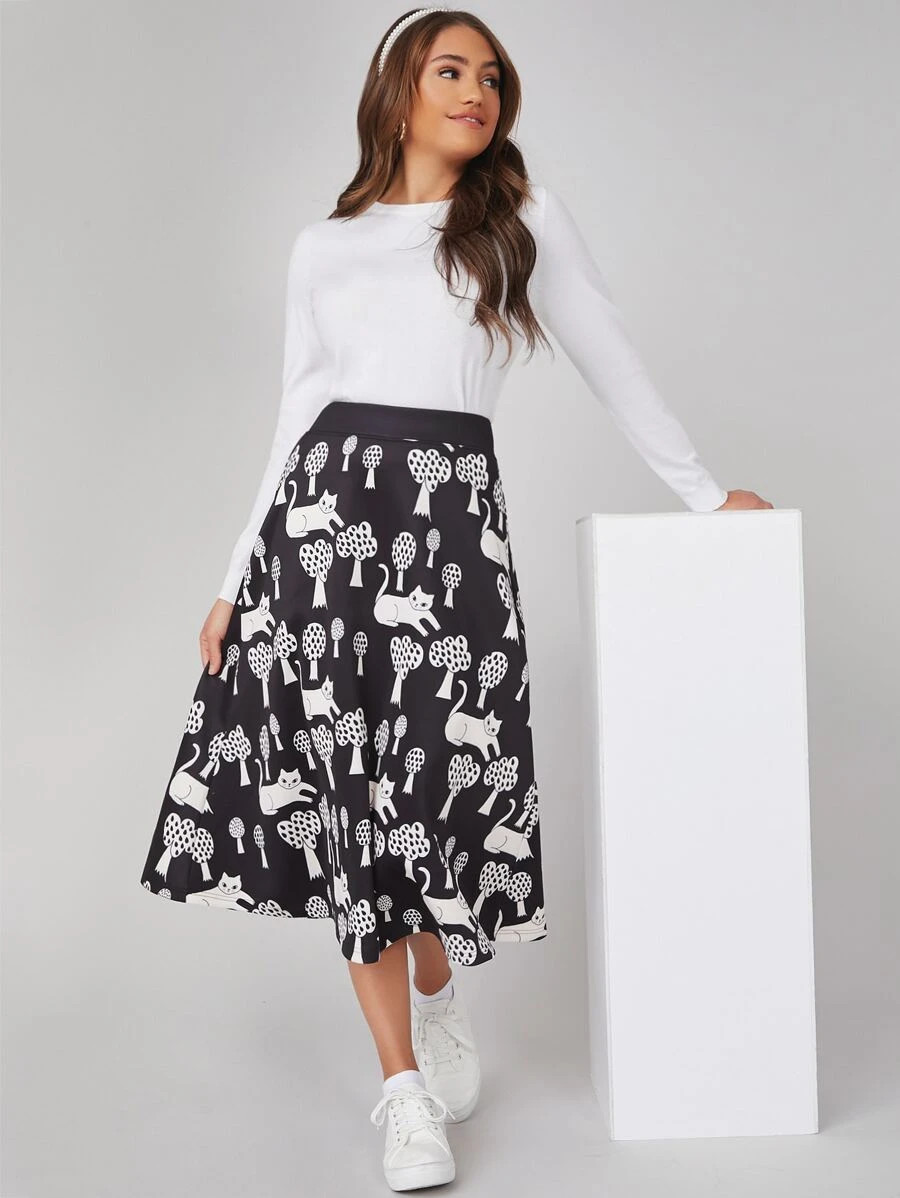 SHEIN X Noko Plants & Cat Print Skirt | SHEIN