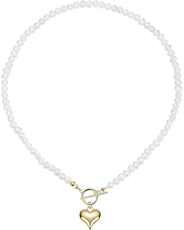 Natural Freshwater Baroque Pearl Choker Necklace White Small Pearl Necklace with Heart Charm Jewe... | Amazon (US)