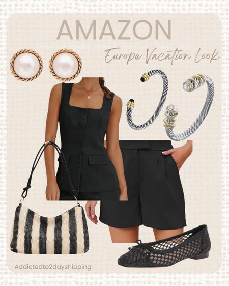 AMAZON Europe vacation look
 This is such a chic look and I love it! I paired some pleated black trouser shorts and a button down black square neck line vest with woven mesh black ballet flats, a black and white straw shoulder handbag, round pearl and gold rope earrings, and silver and gold twisted cable cuffs with diamond and black stones on the end.



#LTKSeasonal #LTKStyleTip #LTKFindsUnder100
