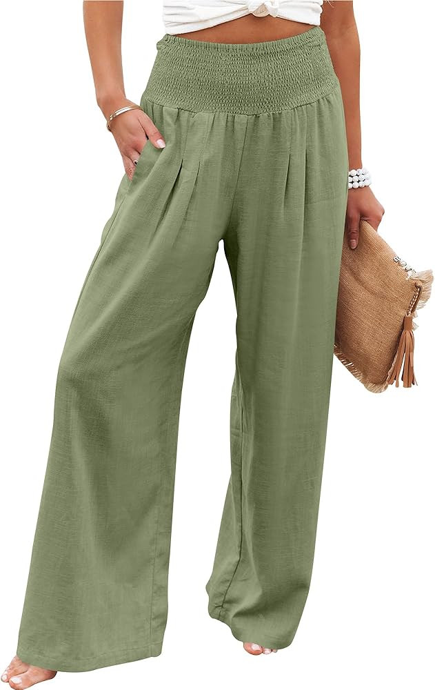ANRABESS Women Linen Palazzo Pants Summer Boho Wide Leg High Waist Casual Lounge Pant 2026 Beach ... | Amazon (US)