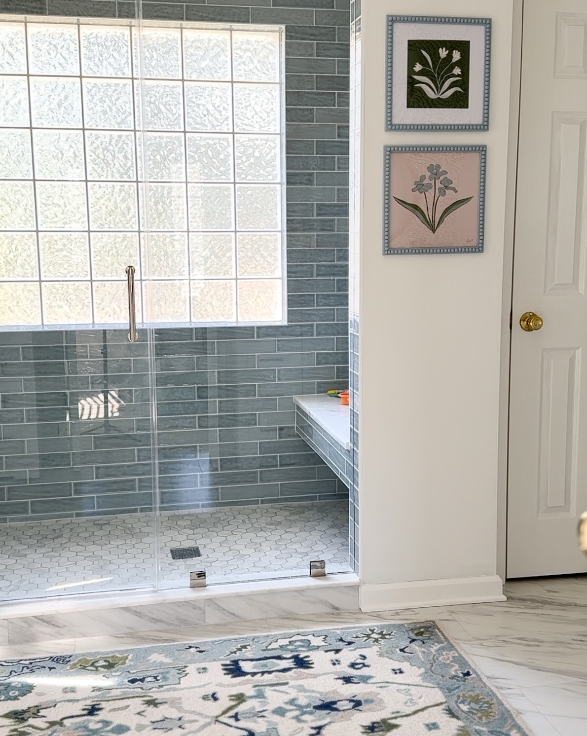 We couldn’t splurge everywhere - 
When we renovated our bathroom we balanced a lot of budget items with splurge worthy pieces and love the outcome. Linked as much as I could below! 

Blue bathroom, oushak rug, green wallpaper, marble look bathroom, polished nickel plumbing fixtures, subway tile, rattan mirror 

#LTKSaleAlert #LTKHome #LTKgrwm