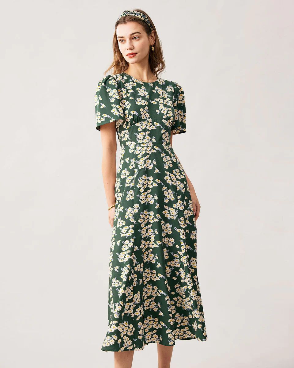 The Green Round Neck Short Sleeve Floral Midi Dress | rihoas.com