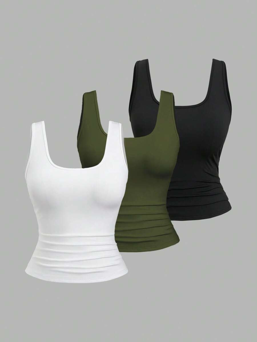 Sweetra Plus Size Women Summer Short Square Neck Pleated Casual Tank Top | SHEIN