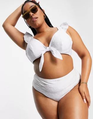 Peek & Beau Curve Exclusive tie font bikini top in white broderie anglaise | ASOS (Global)