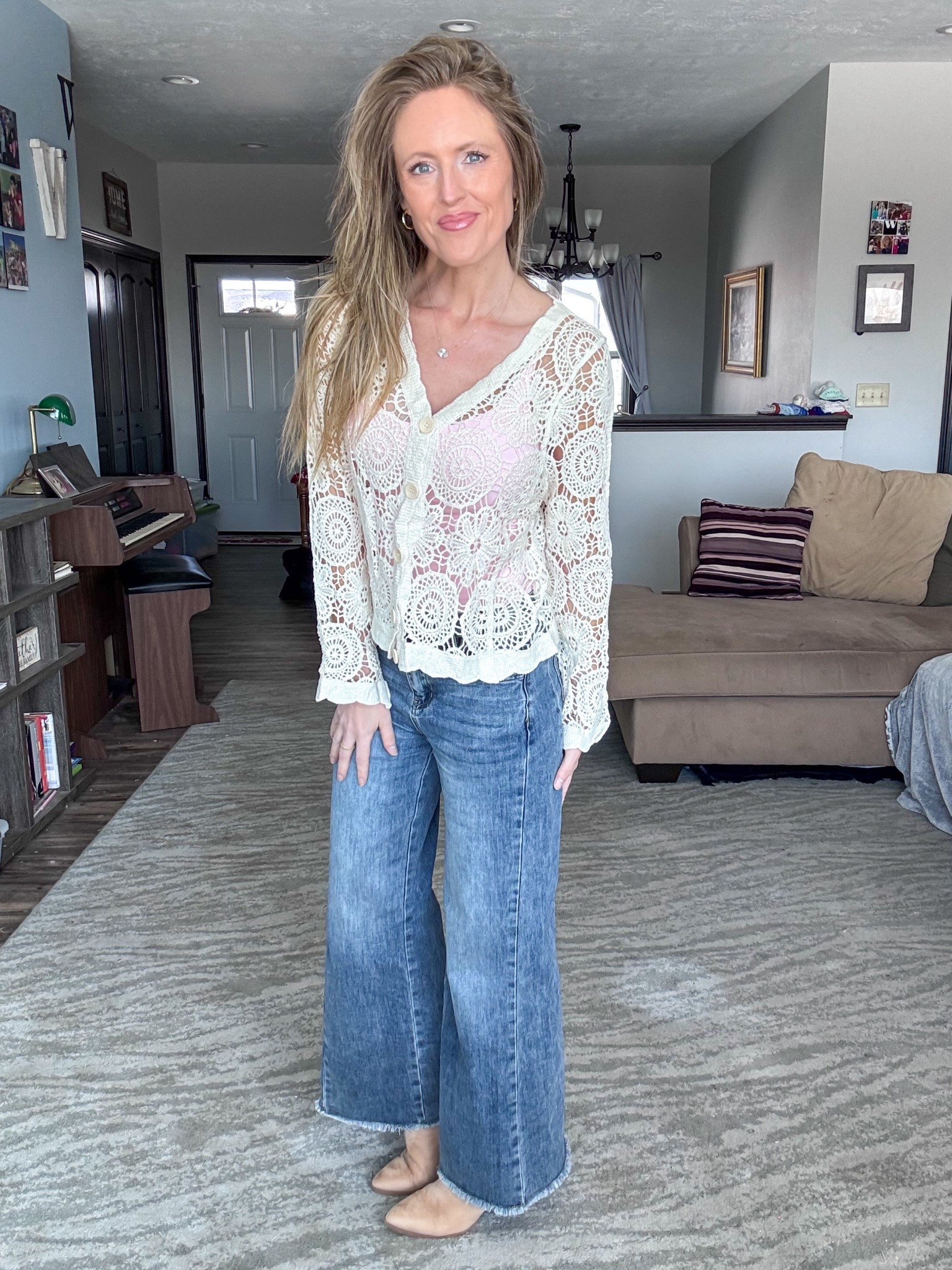 This crocheted sweater is so, so cute! 🤍 Loving the detailing and perfect for spring and summer! Wearing a small.

As an Amazon Influencer I earn commission on qualifying purchases.

Spring cardigan, cute spring styles, mom outfit inspo, wide leg denim, beige spring sweater 

#LTKootd #LTKOver40 #LTKMidsize