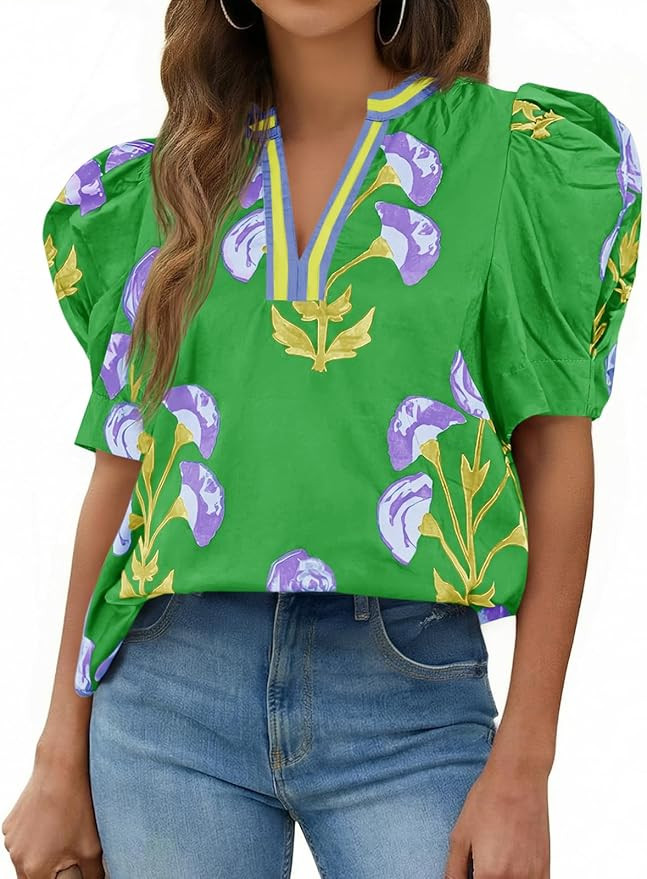Cicy Bell Womens Summer Puff Sleeve Blouses Casual Dressy V Neck Color Block Tops Loose Fit Boho ... | Amazon (US)
