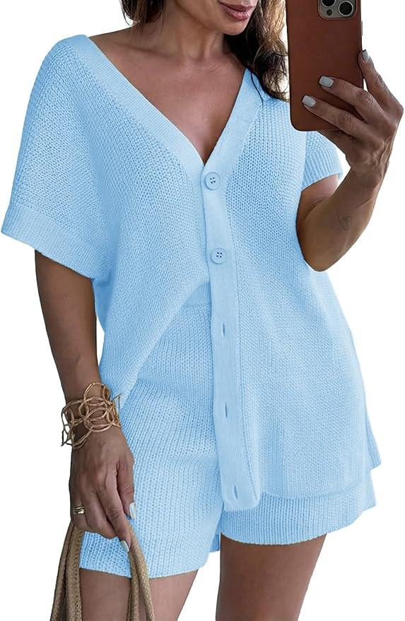 Saodimallsu Womens 2 Piece Outfits Sweater Sets Summer Oversized Cap Sleeve Button Up Cardigans T... | Amazon (US)